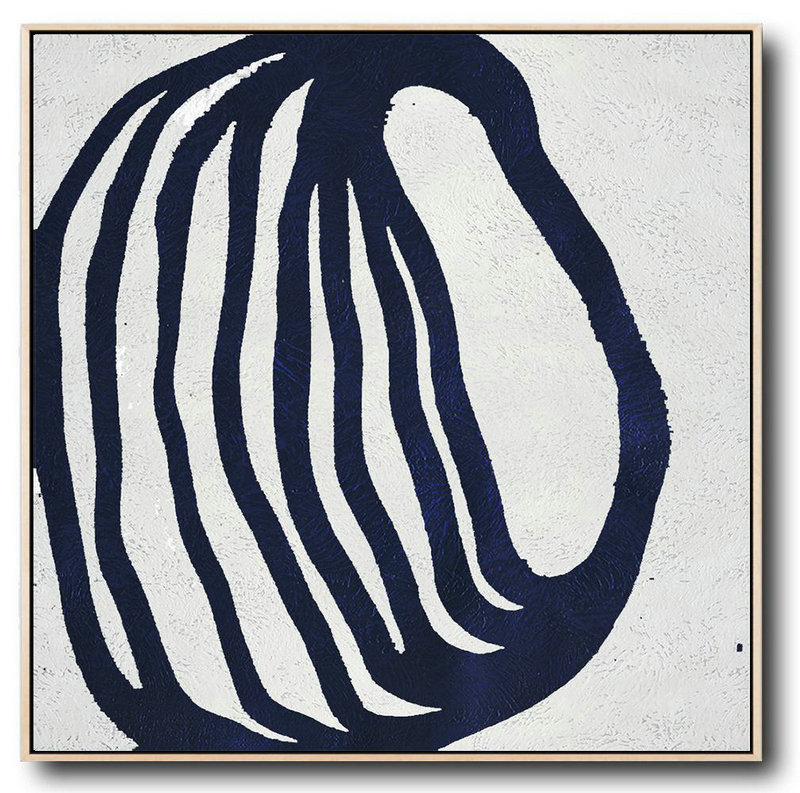 Hand Made Abstract Art,Minimalist Navy Blue And White Painting,Large Abstract Wall Art #N5Q6